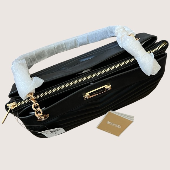 MICHAEL Michael Kors Whitney Black Quilted Gold Chain-Handle Shoulder Tote - Picture 6 of 15